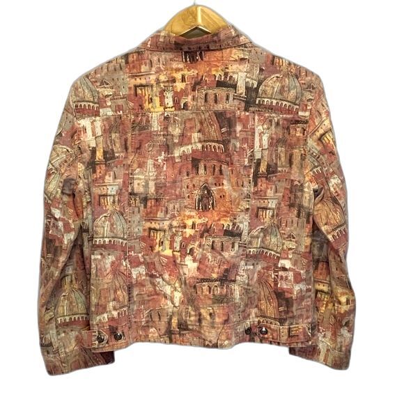 Chico’s Earth Tone European Cityscape Print Cotton Jean Jacket Size 2 - Picture 2 of 10